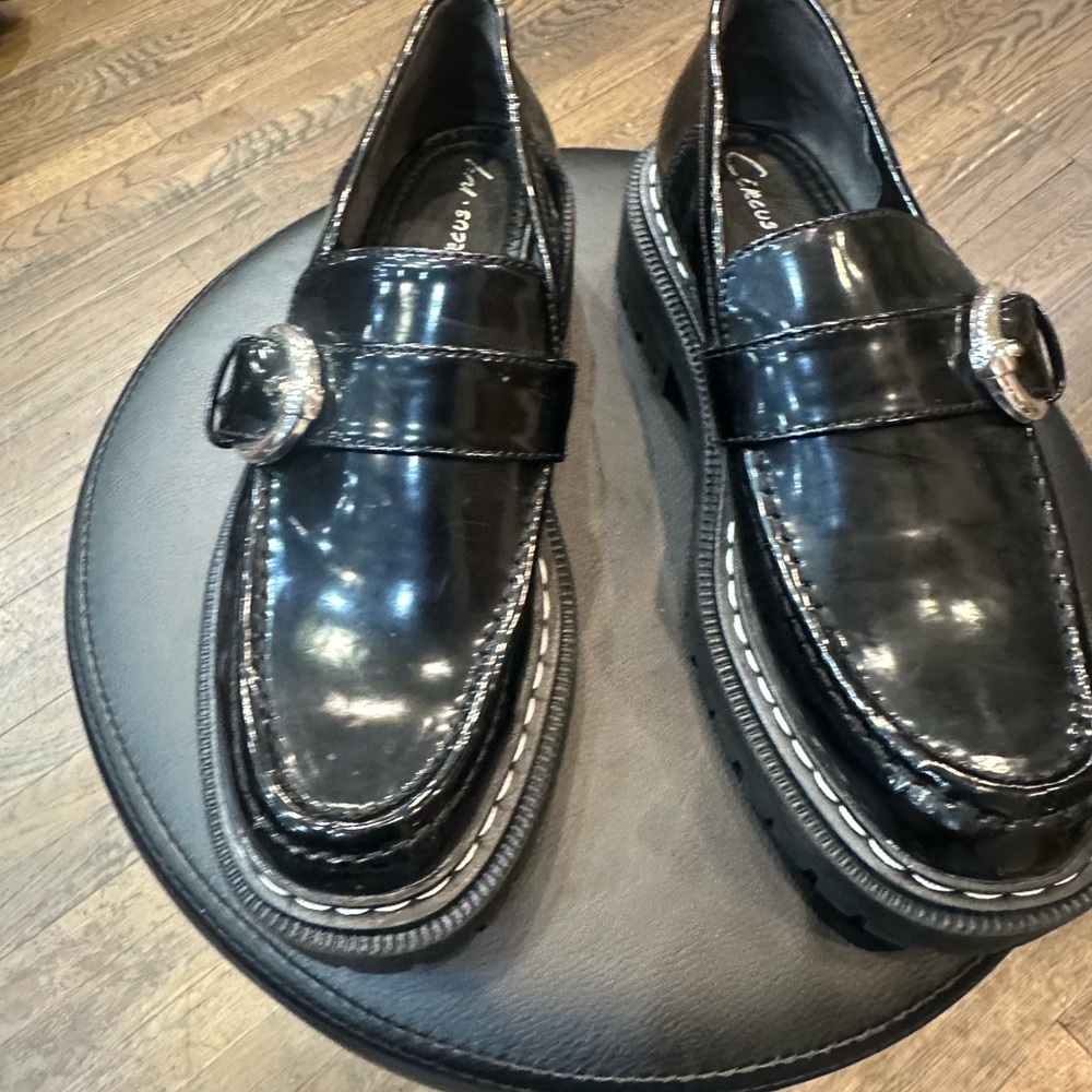 Circus by Sam Edelman Glossy Black Loafers with Silver Buckle